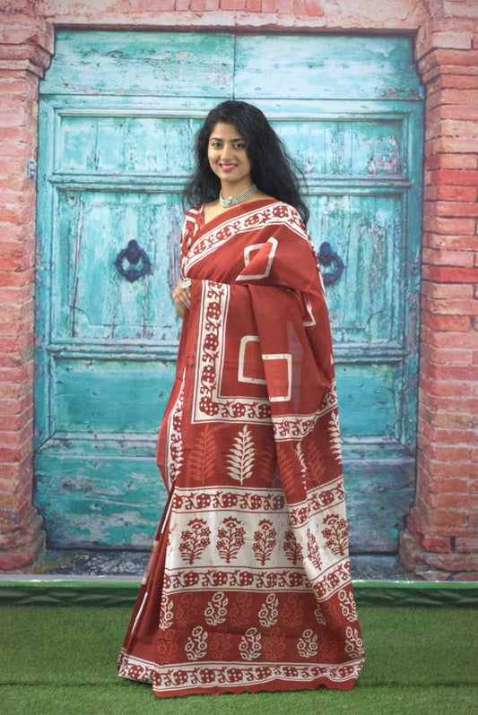 Printed Red Dabu Print Cotton MulMul Saree