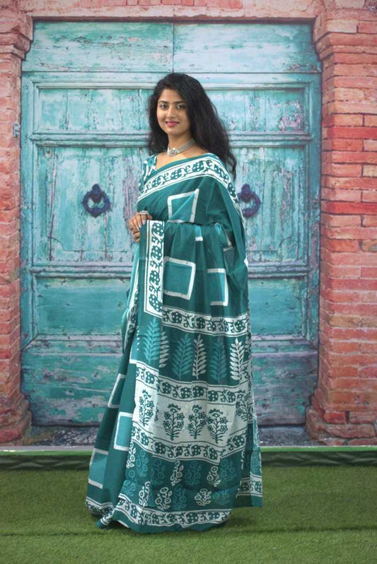 Printed Sea Green Dabu Print Cotton MulMul Saree