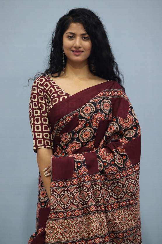 Printed Mahroon Ajrak Print Cotton MulMul Saree