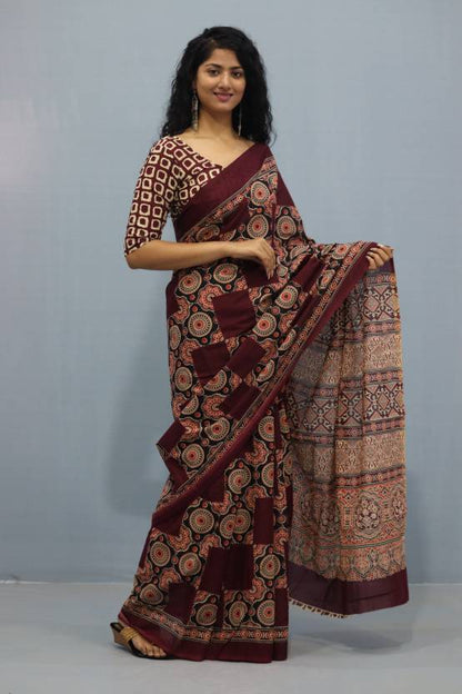 Printed Mahroon Ajrak Print Cotton MulMul Saree