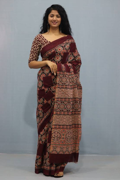 Printed Mahroon Ajrak Print Cotton MulMul Saree