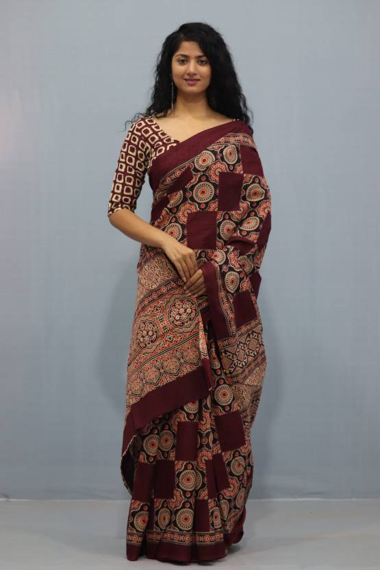 Printed Mahroon Ajrak Print Cotton MulMul Saree