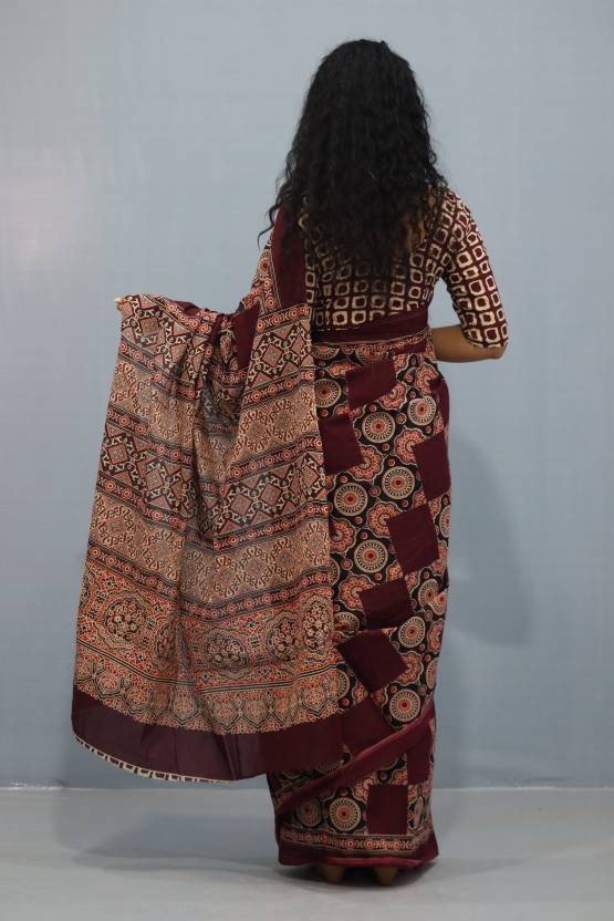 Printed Mahroon Ajrak Print Cotton MulMul Saree