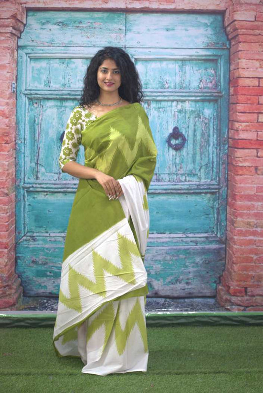 Printed Green Ikkat Print Cotton MulMul Saree