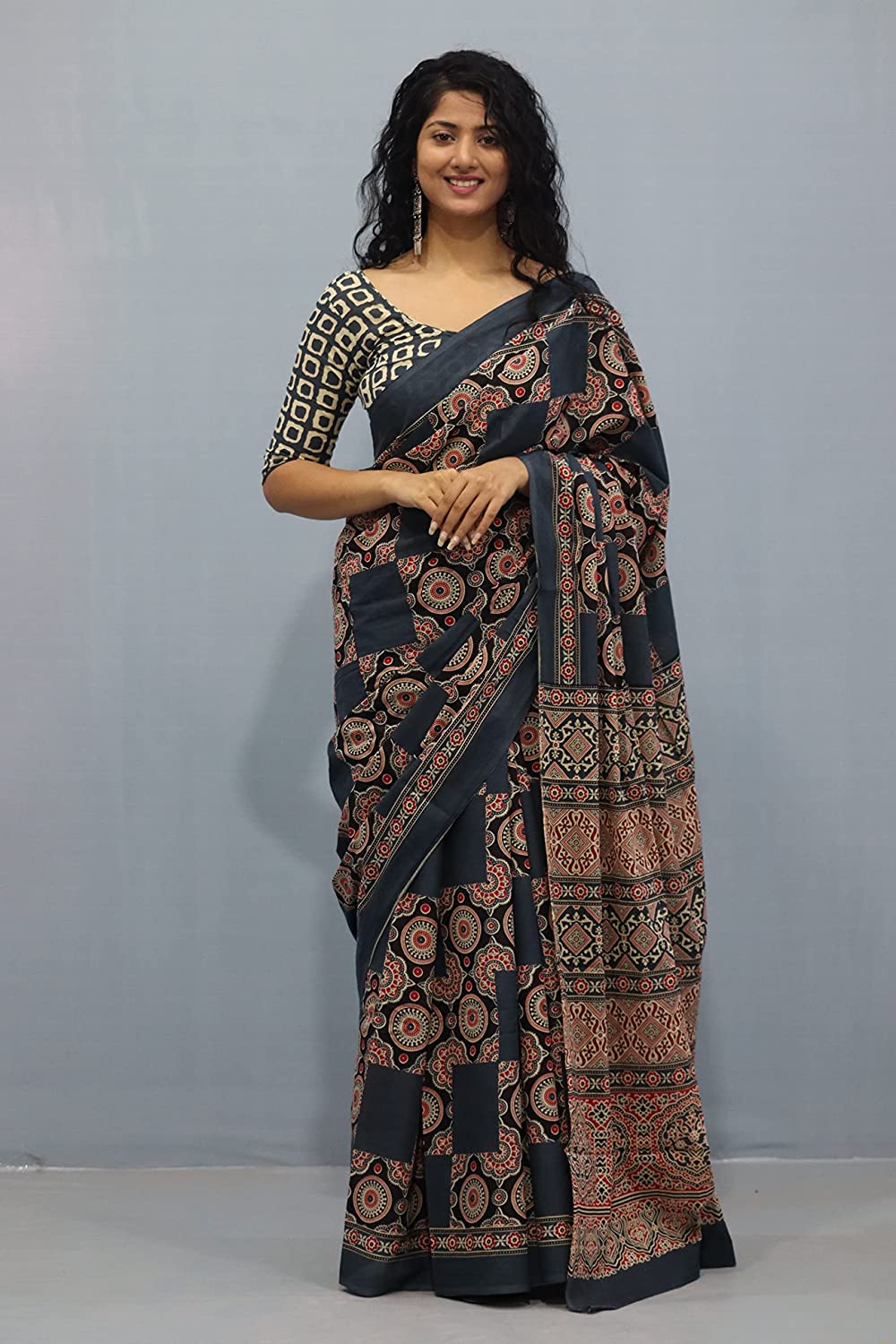 Printed Grey Ajrak Print Cotton MulMul Saree