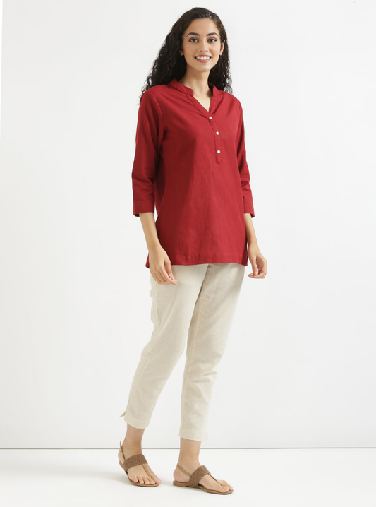 BLOOD RED AIRY LINEN SHORT KURTA