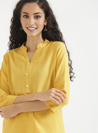 GOLDEN YELLOW AIRY LINEN SHORT KURTA