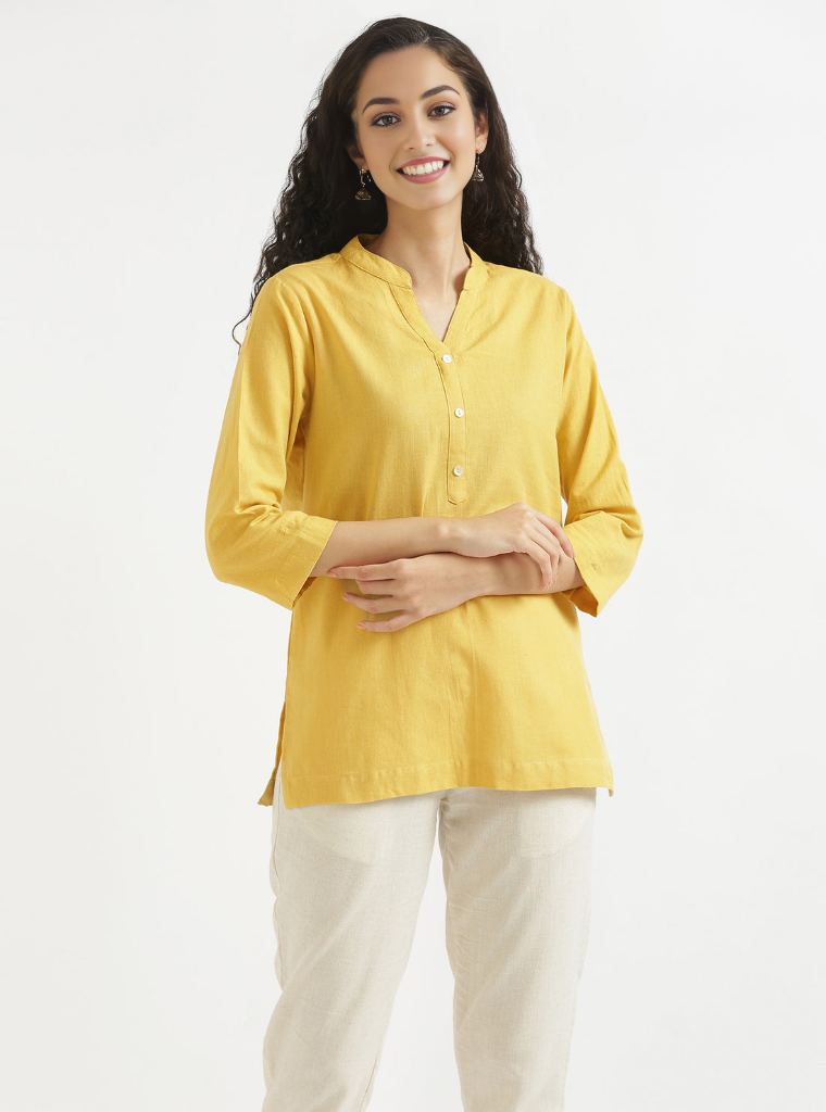 GOLDEN YELLOW AIRY LINEN SHORT KURTA