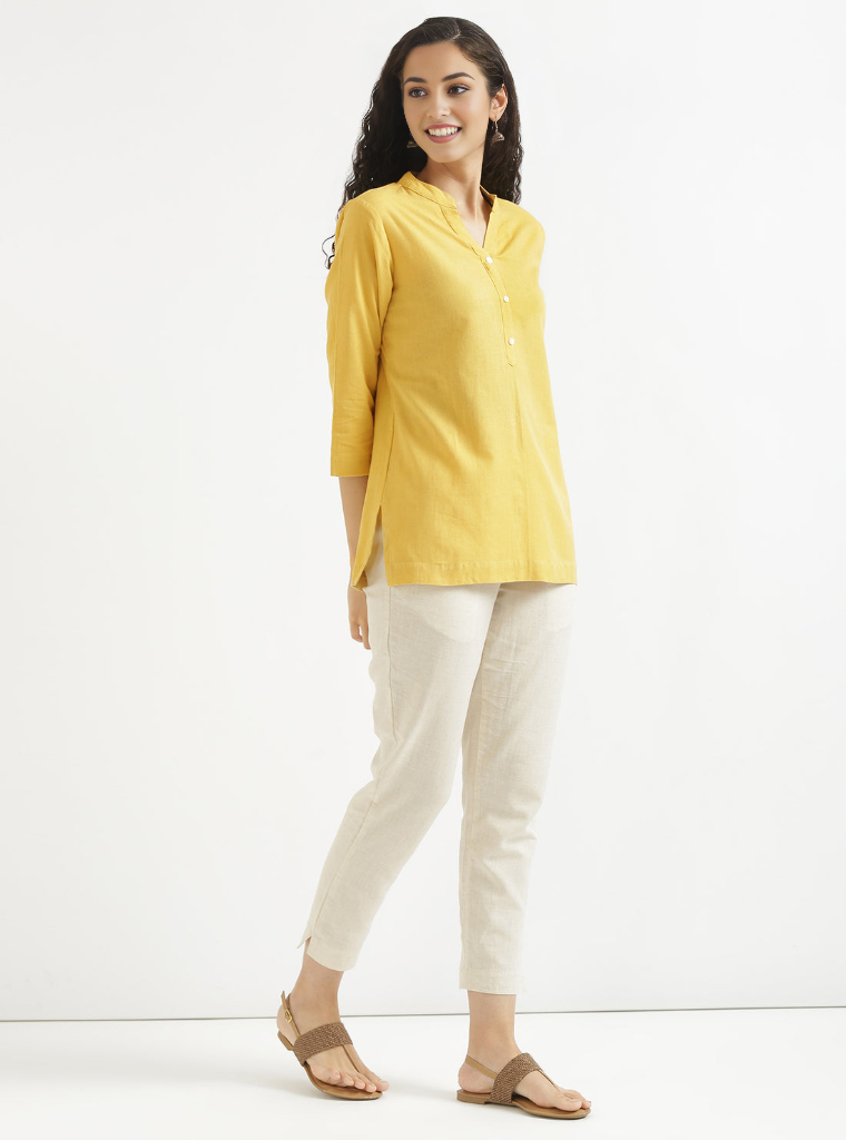 GOLDEN YELLOW AIRY LINEN SHORT KURTA