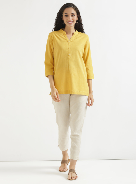 GOLDEN YELLOW AIRY LINEN SHORT KURTA