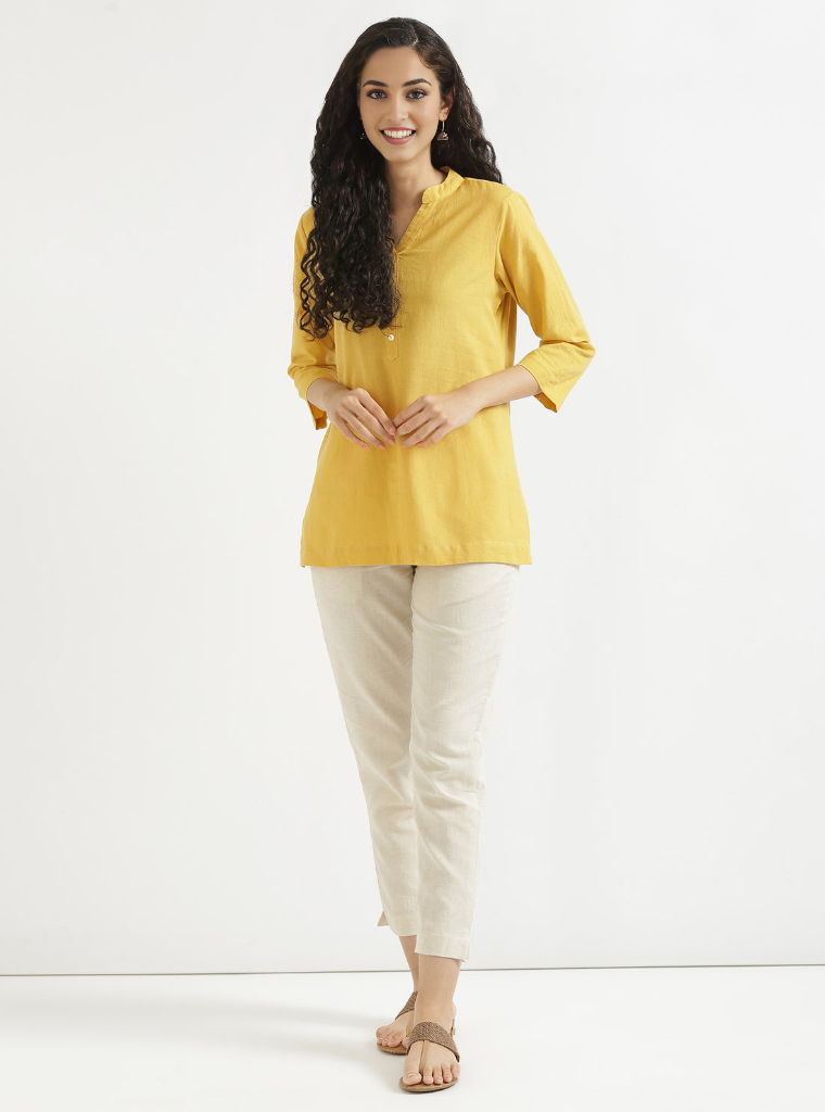 GOLDEN YELLOW AIRY LINEN SHORT KURTA