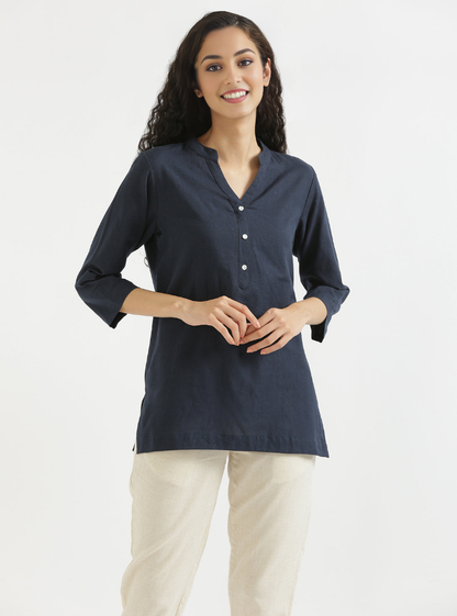 NAVY BLUE AIRY LINEN SHORT KURTA