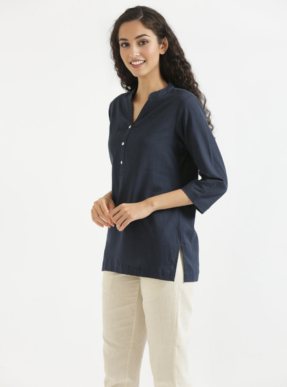 NAVY BLUE AIRY LINEN SHORT KURTA