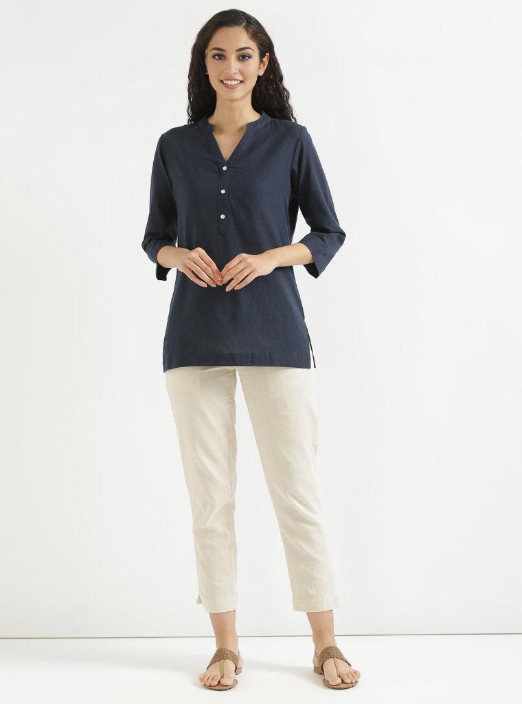 NAVY BLUE AIRY LINEN SHORT KURTA