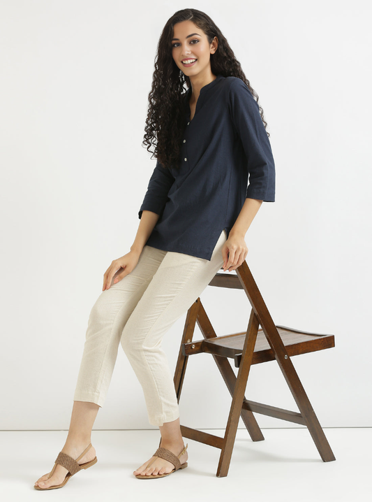 NAVY BLUE AIRY LINEN SHORT KURTA