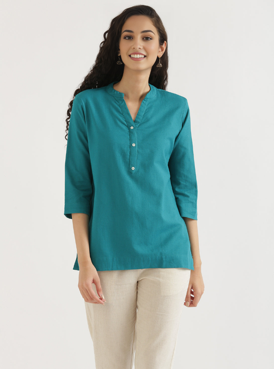 TEAL AIRY LINEN SHORT KURTA