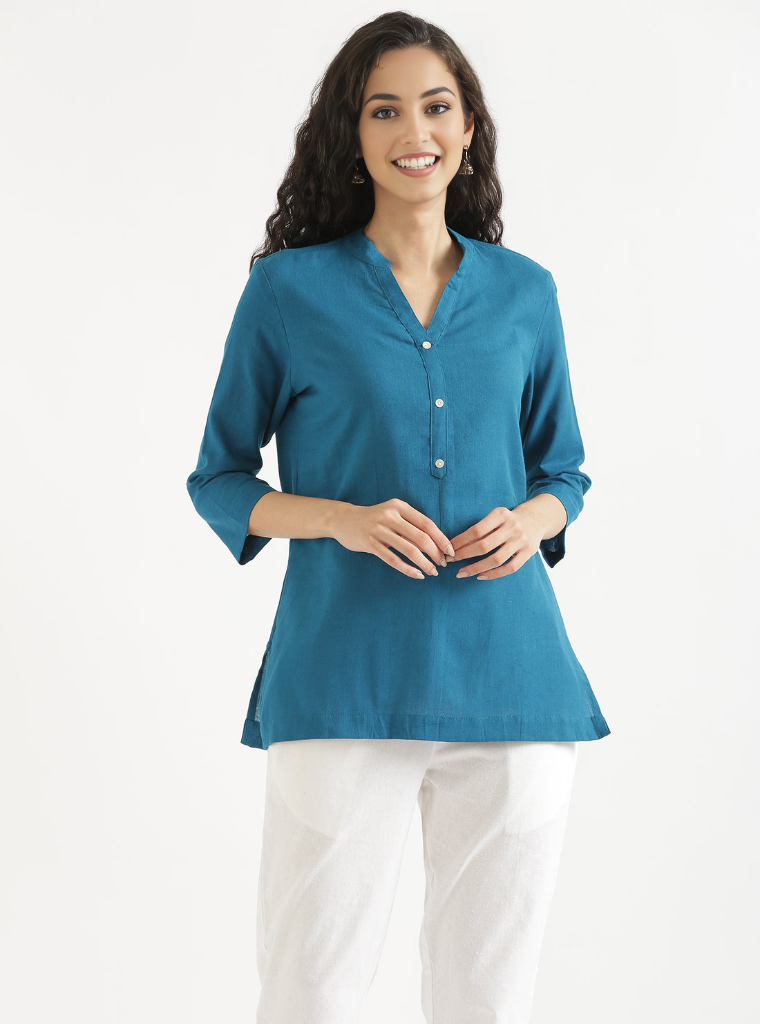 TEAL BLUE AIRY LINEN SHORT KURTA