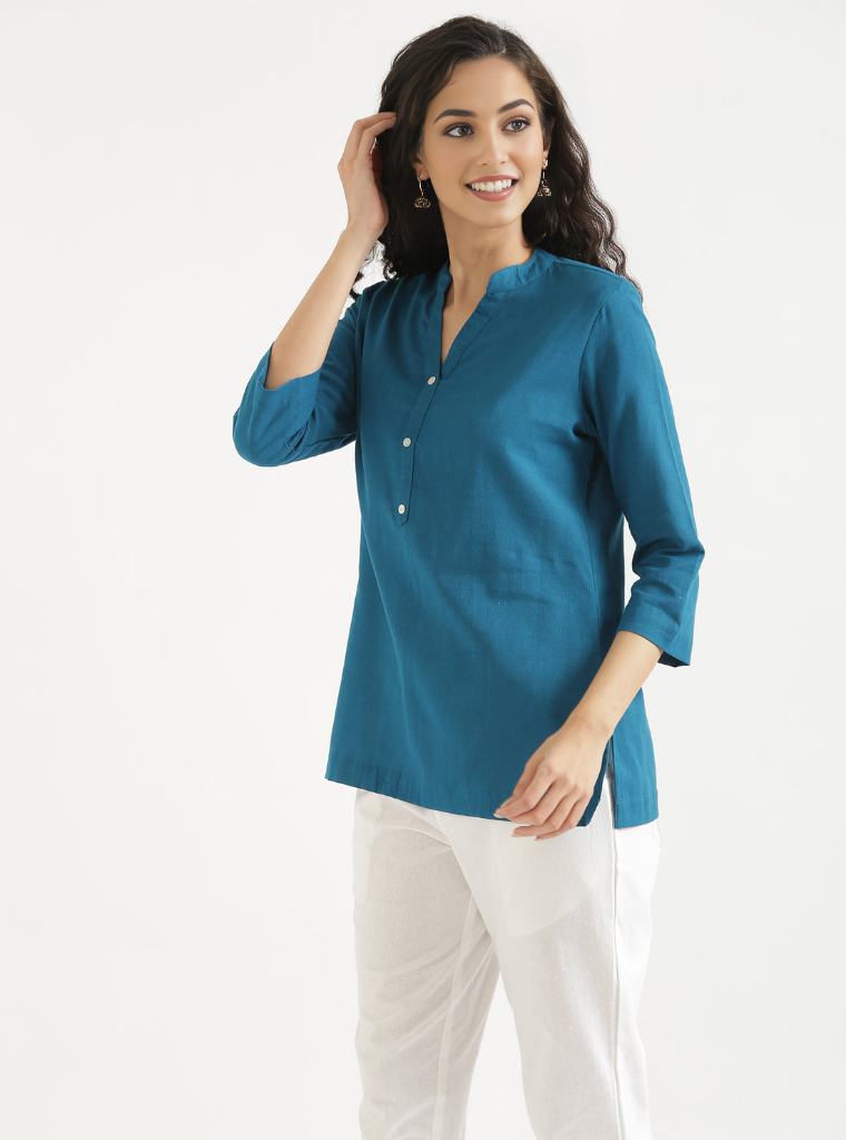 TEAL BLUE AIRY LINEN SHORT KURTA