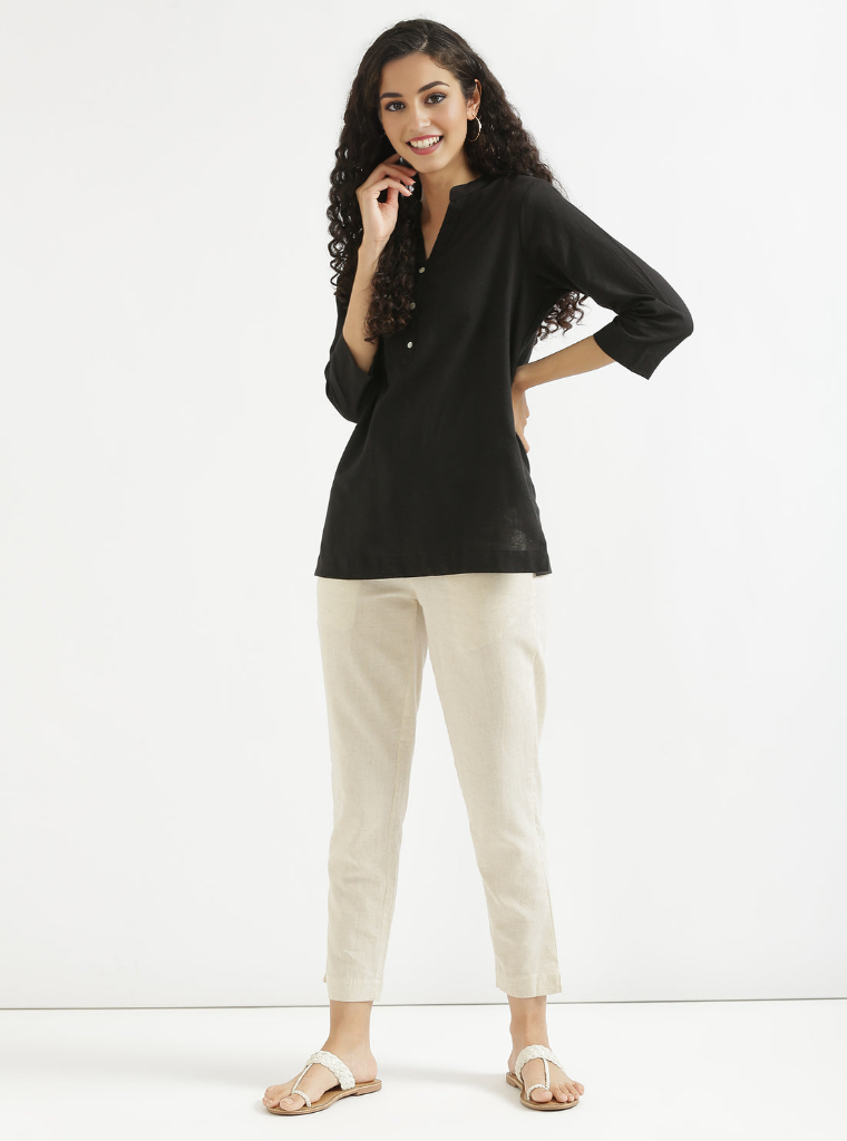 BLACK AIRY LINEN SHORT KURTA