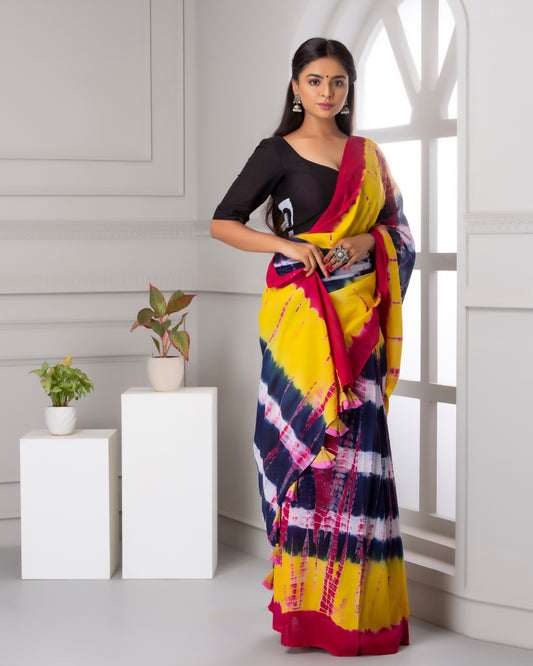 Printed Multi Shibori Print Cotton MulMul Saree