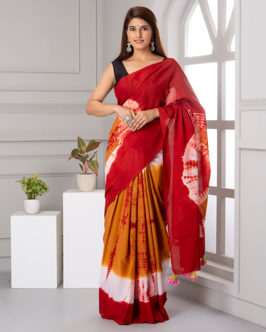 Printed Red Shibori Print Cotton MulMul Saree