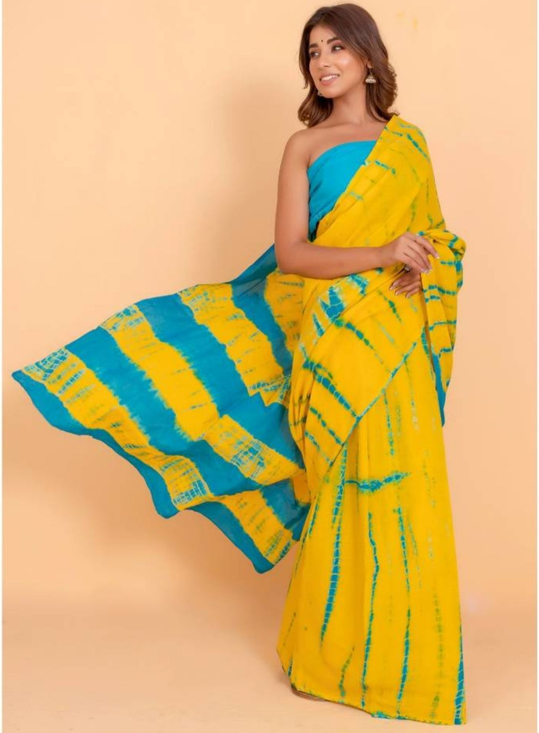 Printed Yellow Shibori Print Cotton MulMul Saree