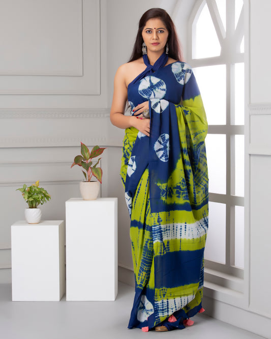 Printed Green Shibori Print Cotton MulMul Saree