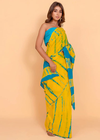 Printed Yellow Shibori Print Cotton MulMul Saree