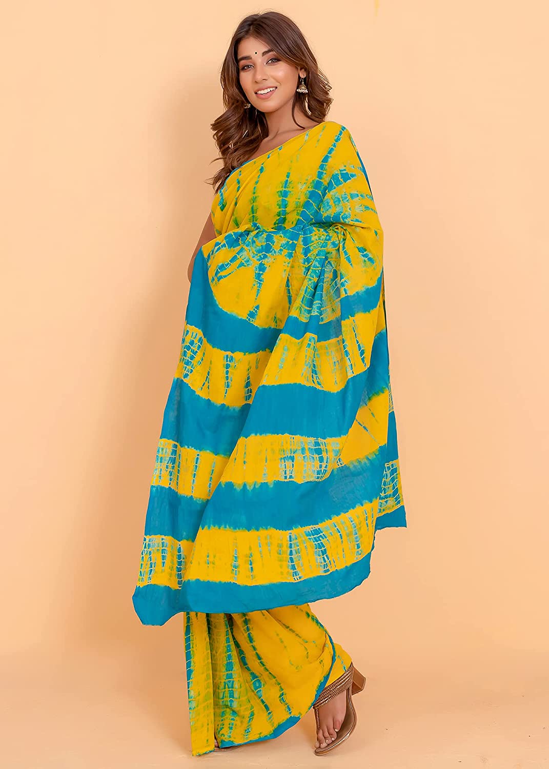 Printed Yellow Shibori Print Cotton MulMul Saree