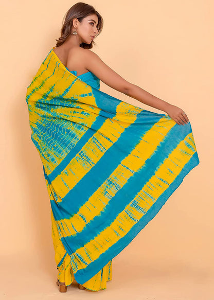 Printed Yellow Shibori Print Cotton MulMul Saree