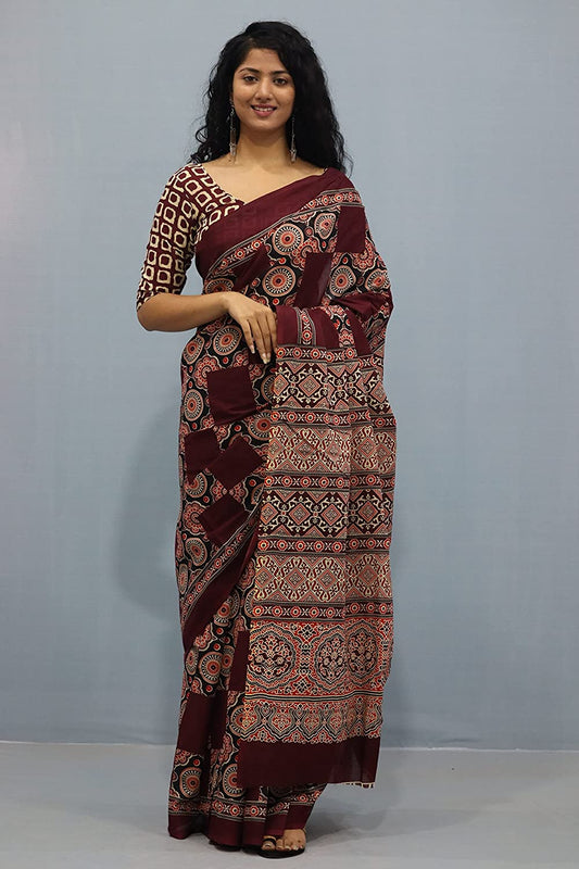 Printed  Maroon Ajrak Print Cotton MulMul Saree