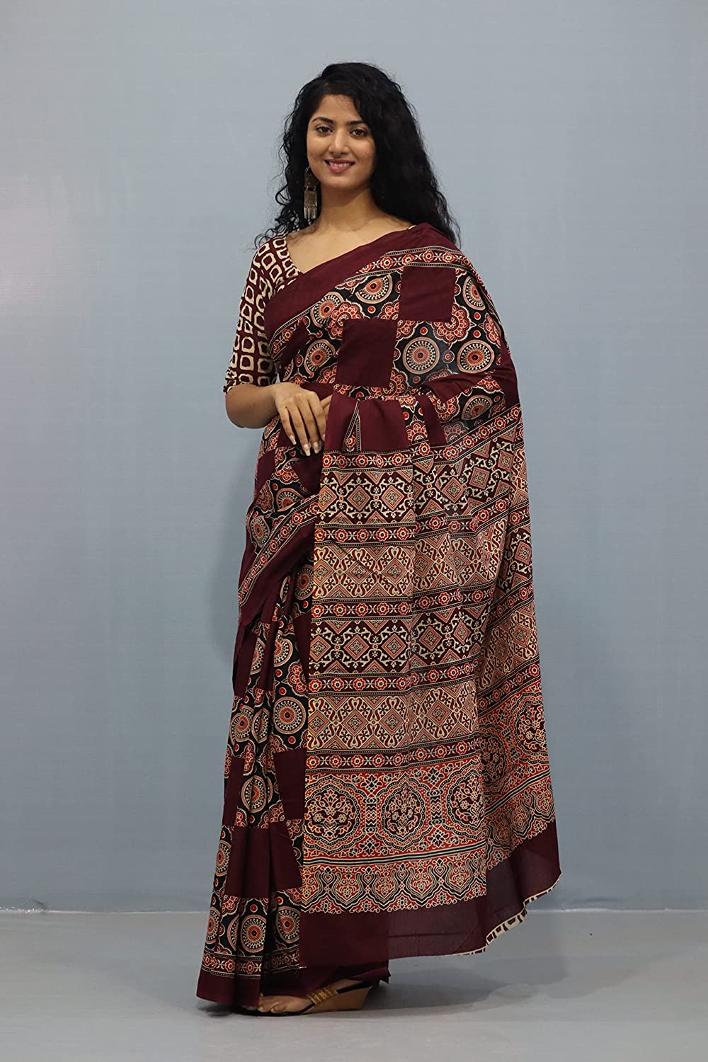 Printed  Maroon Ajrak Print Cotton MulMul Saree