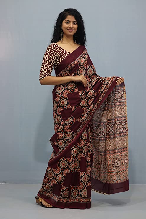 Printed  Maroon Ajrak Print Cotton MulMul Saree