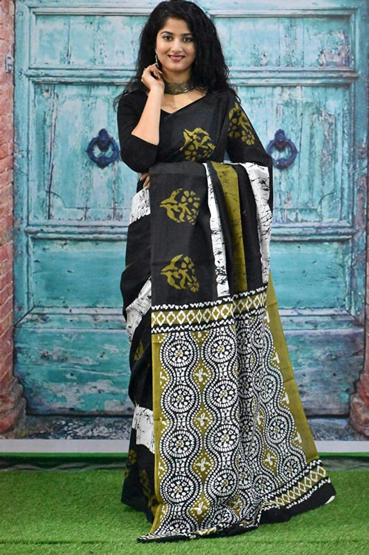 Printed Black Batik Print Cotton MulMul Saree