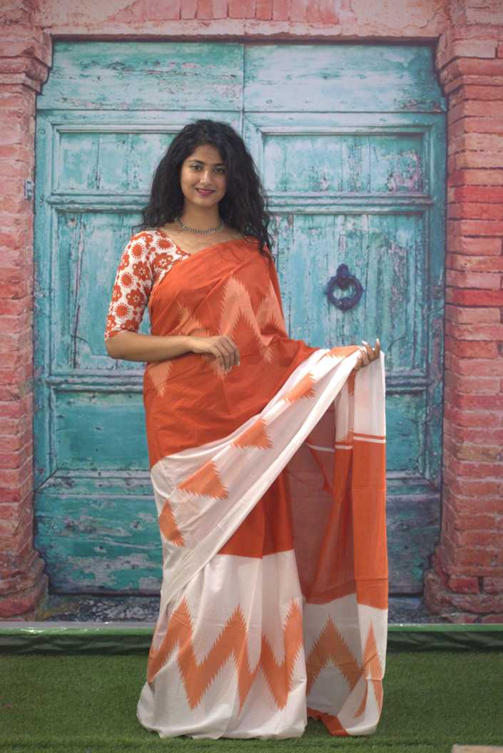 Printed Orange Ikkat Print Cotton MulMul Saree