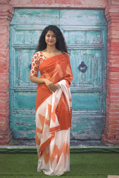 Printed Orange Ikkat Print Cotton MulMul Saree