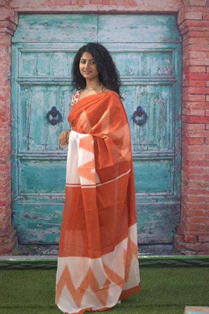 Printed Orange Ikkat Print Cotton MulMul Saree