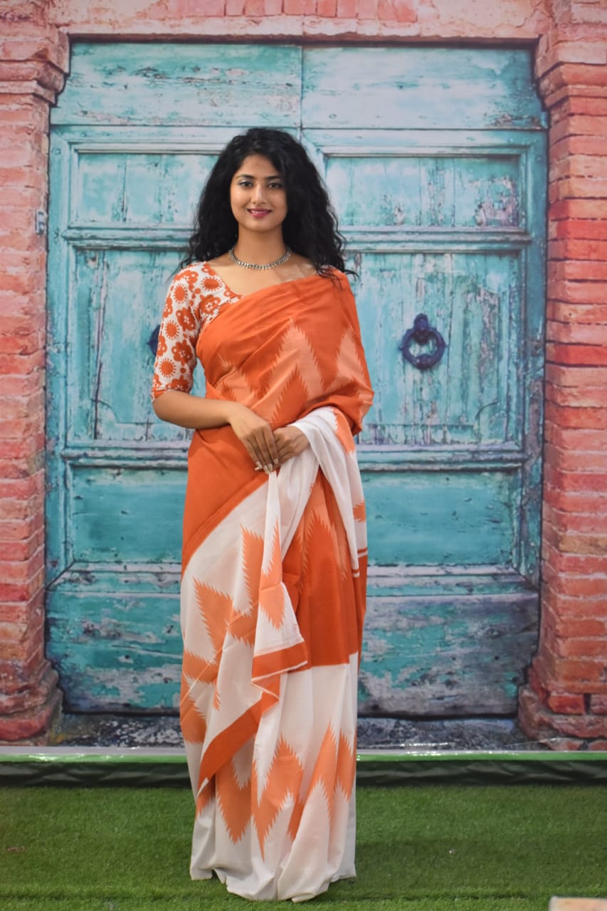 Printed Orange Ikkat Print Cotton MulMul Saree