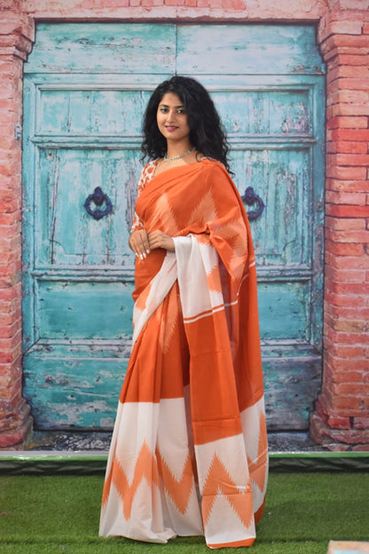 Printed Orange Ikkat Print Cotton MulMul Saree