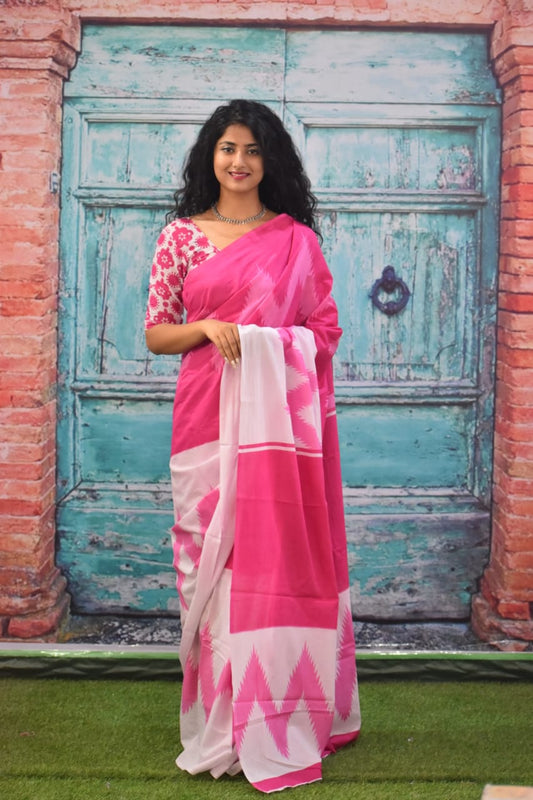 Printed Pink Ikkat Print Cotton MulMul Saree