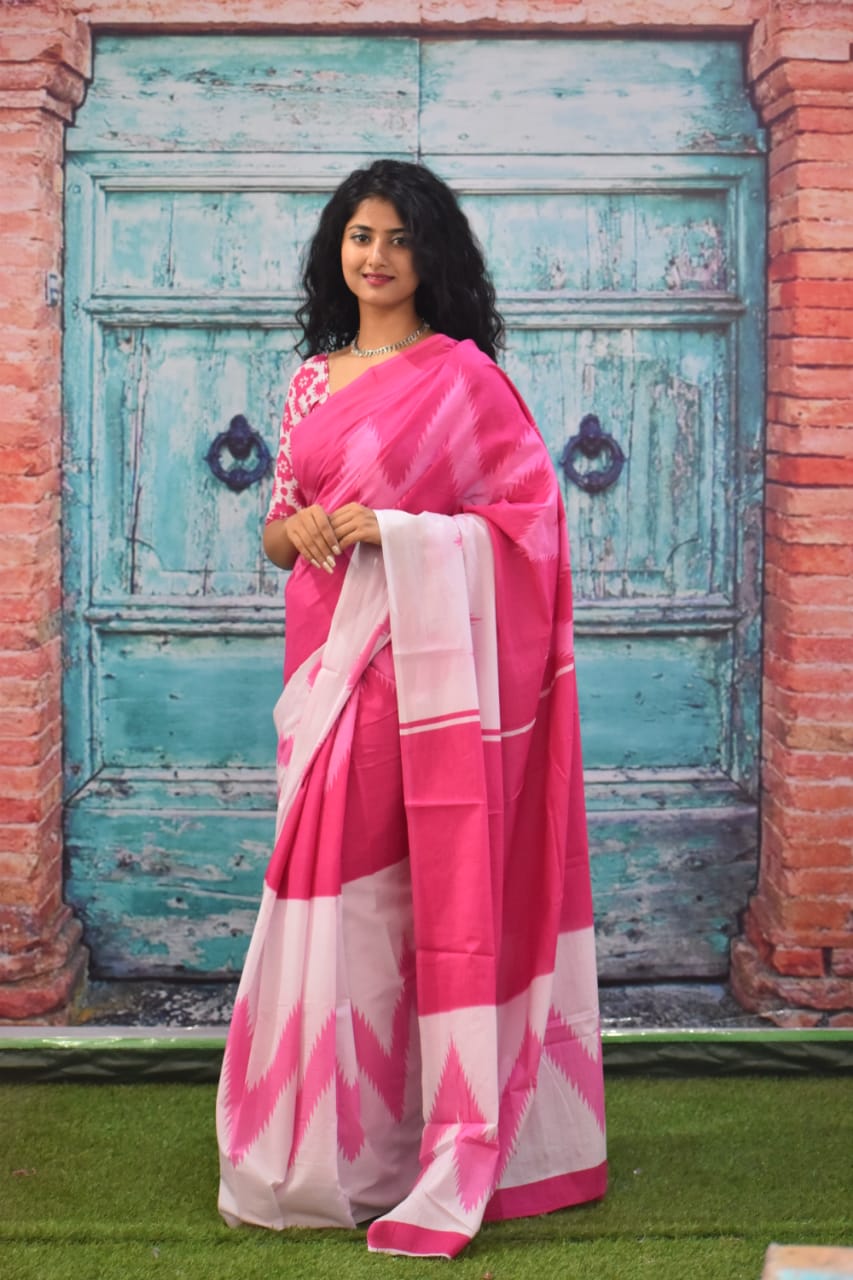 Printed Pink Ikkat Print Cotton MulMul Saree