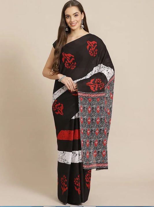 Printed Black Batik Print Cotton MulMul Saree