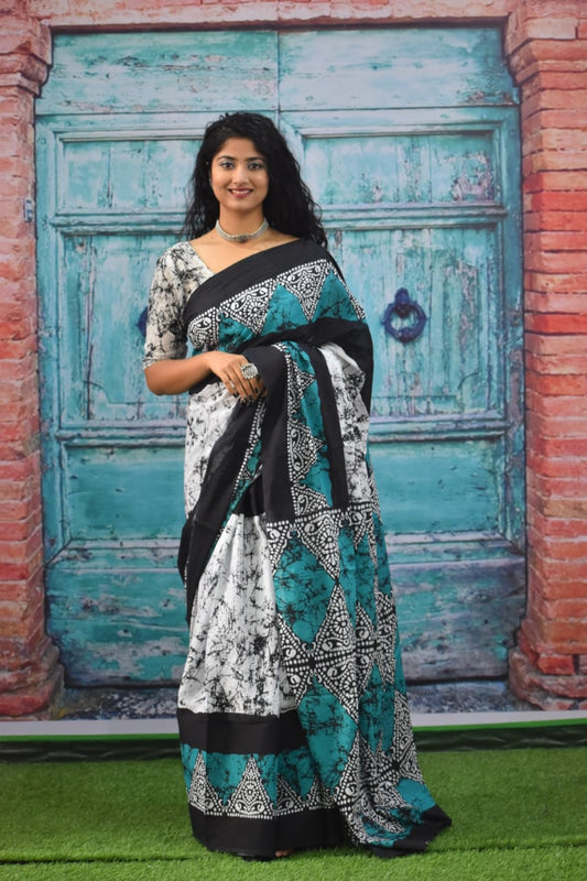 Printed See Green Batik Print Cotton MulMul Saree