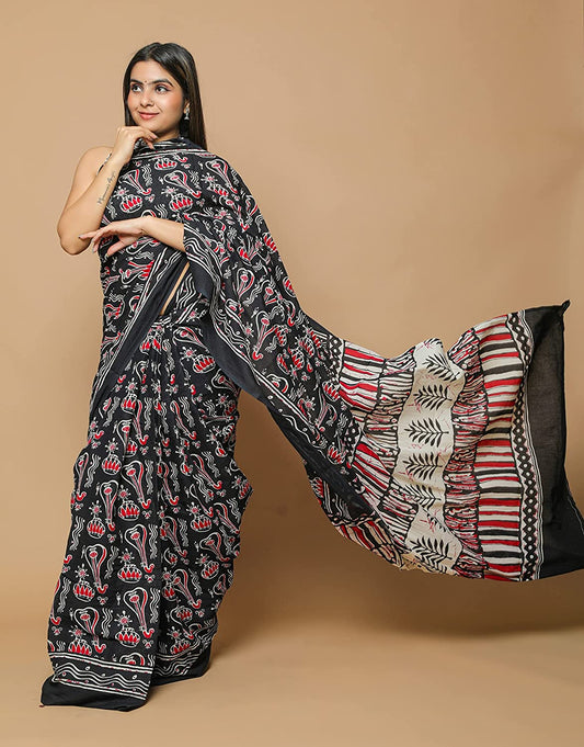 Cotton MulMul Black Printed Sarees