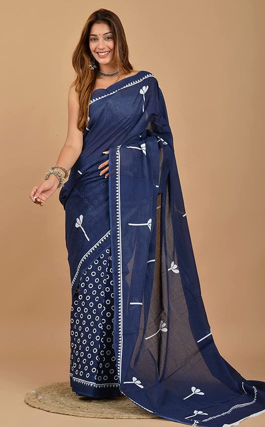 Cotton MulMul Blue Printed Sarees