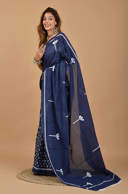 Cotton MulMul Blue Printed Sarees