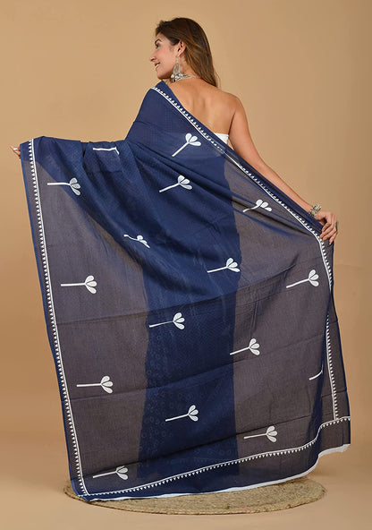 Cotton MulMul Blue Printed Sarees