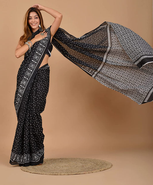 Printed Black n White Print Cotton MulMul Saree