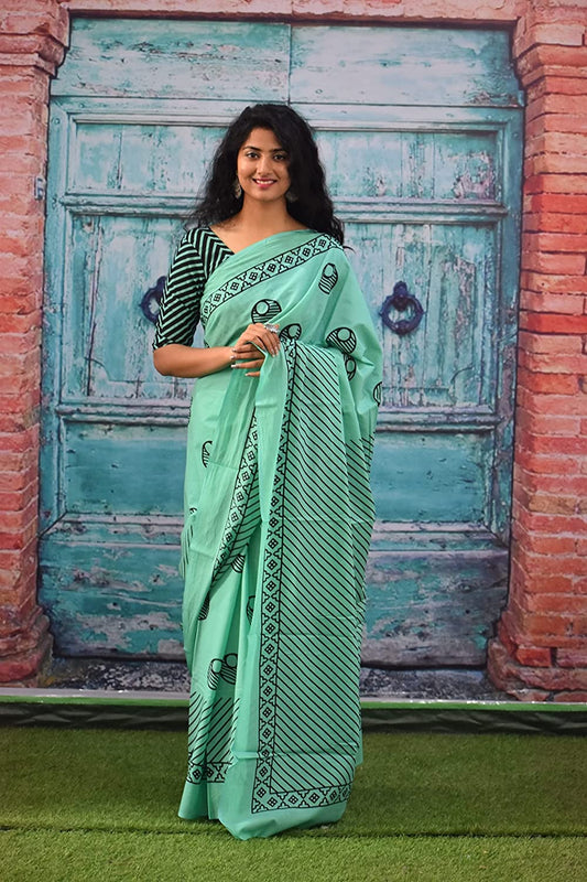 Cotton MulMul Sea Green Printed Sarees