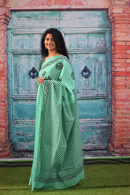 Cotton MulMul Sea Green Printed Sarees